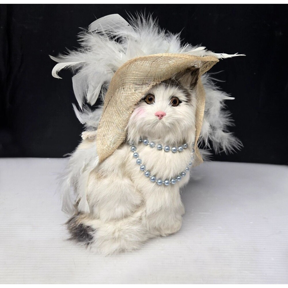 Vintage Rabbit Fur Fancy Diva Cat White Feather Hat Pearl Necklace Realistic 8"